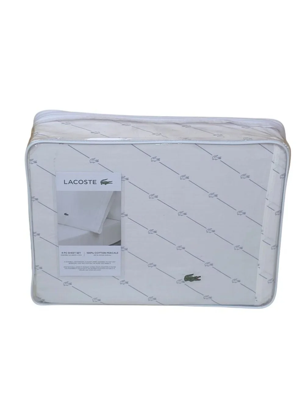 Lacoste 4-Piece King Sheet Set Cotton Percale Diagonal Crocs Pattern Breathable